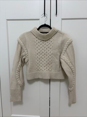 Cropped Cable Knit Turtleneck Sweater - Cream
